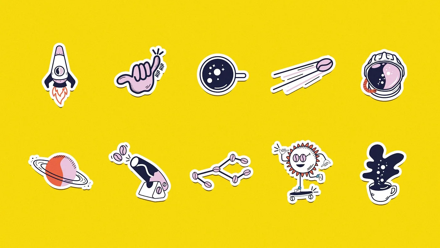 Stickers op een gele achtergrond